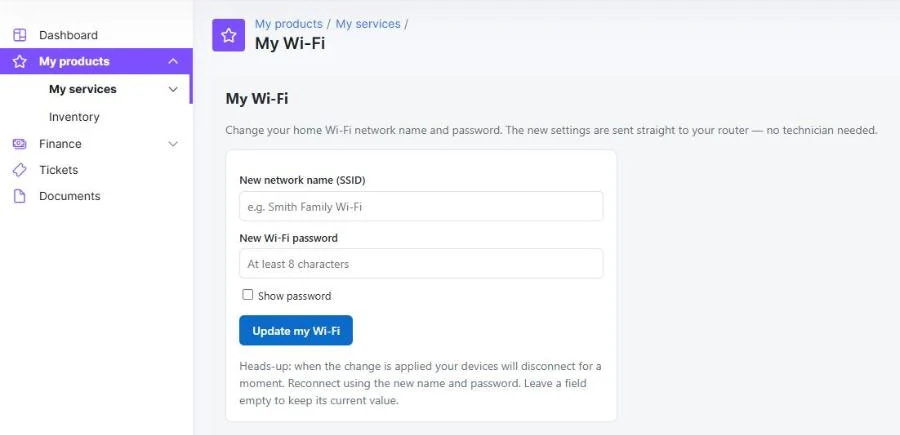 The My Wi-Fi page in the Cosmiq client portal, with fields for a new network name and password