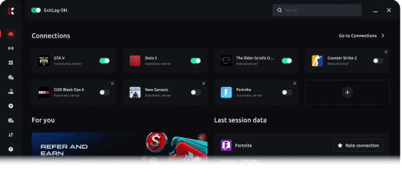ExitLag app with game connections switched on