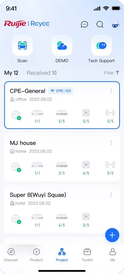 Ruijie Reyee app: all your sites and their device health at a glance
