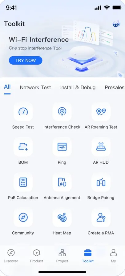 Ruijie Reyee app: built-in tools such as speed test, heat map and interference check