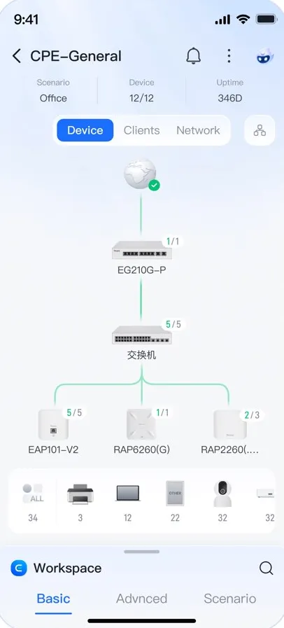 Ruijie Reyee app: live network topology for a site