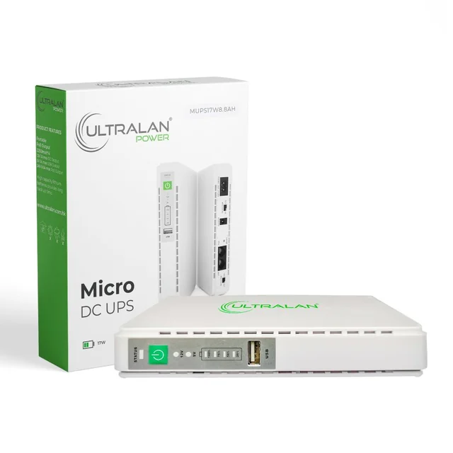 MUPS17W8.8AH &ndash; UltraLAN Mini DC UPS with USB & PoE, 17W 8.8Ah